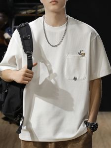 ROMON | Romon Mens Short Sleeve T-Shirt Summer New Loose Half Sleeve Ice Silk Wafer Grid Embroidery White Youth Fashion Polyester Cotton Blend Round Neck Modern Style