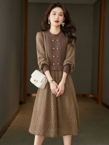 Fashionable Autumn Two-Tone Fake Two-Piece Mid-Length Dress