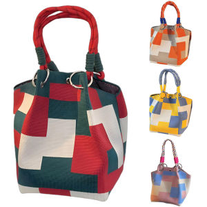Womens Color Block Knit Tote Bag Bucket Bag Storage Bag with Adjustable Straps & Metal Rings Snap Closure for Casual Travel