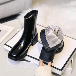 Real Leather Martin Boots Womens Thick Heel Short Boot Lamb Fur Snow Boots Winter Warm Rubber Sole Commute Style Square Toe