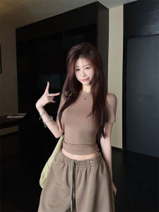 Slim Fit Short Sleeve T-Shirt Womens Summer Design Waist-Cinching round Neck Chic Top Korean Style Cotton High Waist Citywalk