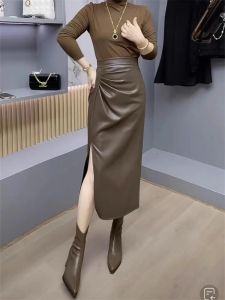 Elegant Ruched Leather Skirt Womens Spring & Fall 2024 New Arrival Side Slit Skirt High Waist Asymmetrical Mid Length Long Length Bodycon Dress