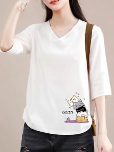 Export European Goods Export Big Sale 100% Pure Cotton Chicken Hearts V-neck 3/4 Sleeves Print T-Shirt Fashion Anti-Aging Casual Tops