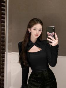 GUZILIAN | Slim Fit Hollow Out Collar Long Sleeve T-Shirt Base Shirt Women Autumn Winter New Style Inner Wear Sweet And Spicy Girl Top