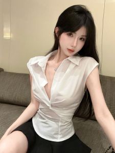 GUZILIAN | Áo thun cổ polo màu trắng gợi cảm Pure Desire đa năng thời trang mùa hè eo buộc nút thiết kế ôm sát cơ thể áo thun