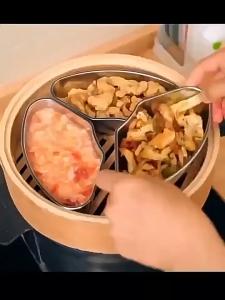 [SG Local Stock]304 Stainless Steel Fan-Shaped Divided Steamer Bowl Food Steaming Bowl With lid Steam Tray