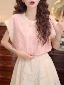 Shalldoer | Áo sơ mi nữ tay lỡ viền ren hồng thiết kế mới mùa hè phong cách Pháp cao cấp cổ tròn dài thường ngày thường ngày