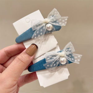 กิ๊บติดผมรูปสามเหลี่ยมปักลูกไม้สีน้ำเงินสไตล์บัลเล่ต์ รูปผีเสื้อปักลูกปัด ทรงเกาหลีสำหรับเด็กผู้หญิง กิ๊บติดผมแบบหนีบขอบ