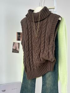 QINGNAER | Slimming Retro Style Fall/Winter 2025 Deep Khaki Cable Knit Turtleneck Sleeveless Vest