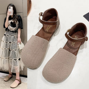 Womens Soft Bottom Slip-On Sandals Roman Style Flat Heel Comfortable Casual Bean Shoes Summer New Style Buckle Strap Korean Version