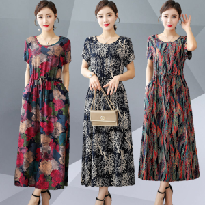 Summer Cotton Silk Long Dress for Middle-Aged and Elderly Women Large Size Artificial Cotton Floral Dress Mom Short Sleeve Beach Skirt