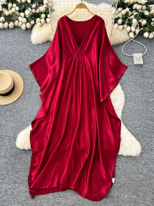 Váy Dài Tay Phong Cách Thường Ngày Mùa Hè Cho Nữ Váy Dài Chữ A Cổ Chữ V Sâu Dáng Rộng Che Giấu Mỡ Váy Dài