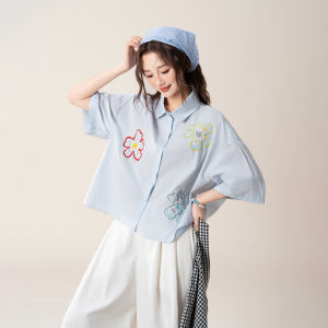 SHANGWEILUO | White Flower Embroidered Short Sleeve Blouse Loose Lazy Style