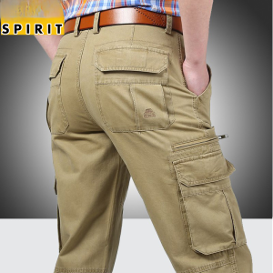 Mens Casual Cotton Work Trousers Mid-life Loose Large Size High-waist Straight-leg Thin-model Spring-summer Multi-pocket Deep-crotch