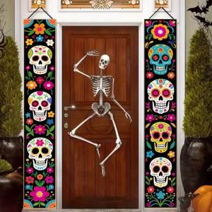 Day Of The Dead Sugar Skull Halloween Door Couplet Banner Porch Indoor Outdoor Yard Party Decor Holiday Photography Ornament
