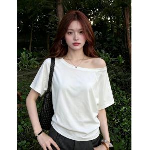 XINDADANG | Off Shoulder V-neck Short Sleeve T-shirt Women Summer New White Loose and Slim Fitting