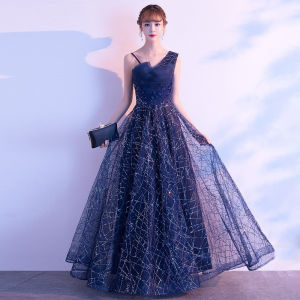 Navy Blue/Champagne Starry Sky Banquet Evening Dress Fairy Temperament One Shoulder Slim Princess Dresses Birthday Dinner Gown