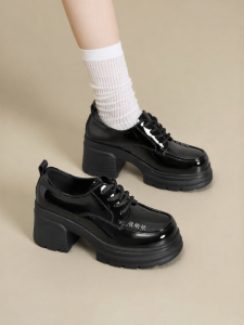 Josiny | Height Increasing Thick Sole Loafers Black Patent Leather Coarse Heel