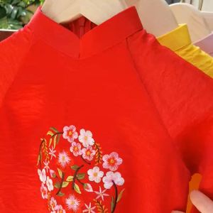 Set Áo Dài Cách Tân Lụa Thêu Hoa Tròn Siêu Hot Cho Mẹ Và Bé