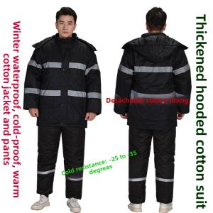 Mens Winter Thickened Warm Cotton Jacket with Hat Waterproof Cold Storage Workwear Casual Fashion City Style Business Suit