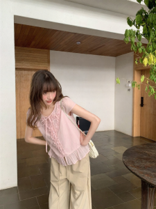 NIHAOKANONG | Áo Phông Nữ Mùa Hè Đơn Giản Tay Ngắn Màu Đơn Ruffle