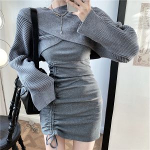 Trendy Knitted Sweater Set Womens Autumn Winter High Waist Dress Two Pieces Set Fashionable And Stylish Short Womens Clothes