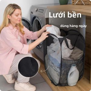 Giỏ Đựng Đồ Giặt Dạng Lưới Có Thể Thu Gọn Lớn Với Túi Bên Hông - Giỏ Đựng Quần Áo Thoáng Khí Để Sắp Xếp Đồ Đạc
