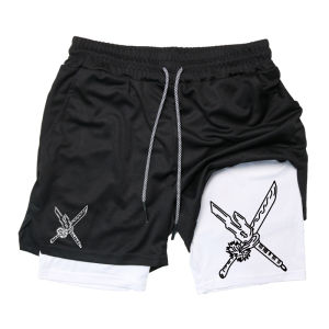 Print 2 in 1 Performance Shorts for Men Gym Workout Running Shorts with Phone Pocket Towel Loop Anime Athletic Quick Dry Shorts
