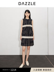 Dazzle Summer Womens Dress Relaxed Fit Midi Skirt Gathered 3D Pleats round Neckline Sleeveless A-Line Gown for Commute