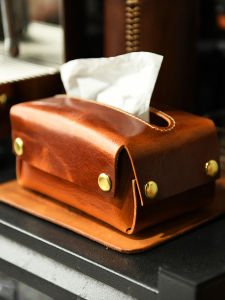 Handmade Top Layer Tanned Cowhide Paper Towel Box Creative Home Use Genuine Leather Quality Drawstring Paper Box