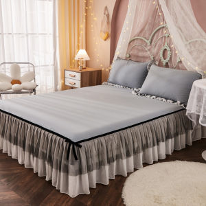 Retro Hepburn Style Bed Skirt Cover Single Lace Trim Anti-Slip Bedding Set Polyester Material Pure Color Design Fixed Sheet