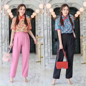 ES789 เซท 2 ชิ้น เสื้อคอจีน แขนสั้น แต่งกระดุมจีน ซิปหลัง สวมใส่ง่าย คู่กับกางเกงขายาว ทรงกระบอก