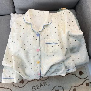 Korean Style Colourful Dot Womens Sleepwear Set 2025 Autumn Winter New Pajamas Set Cute Lapel Neck Casual Homewear 2PC Suit