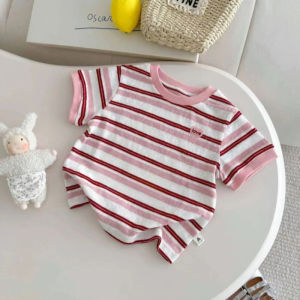 Sonkpuel | Girls Clothes Summer New Top 1-5 Years Children Pink Striped Round Neck T-shirt Fashion Casual Short Sleeve Color Blocked
