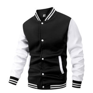 Mens Classic Varsity Baseball Jacket Black & White Color Block Button-Front Coat Casual Outerwear for Male Fashion Retro Jacket