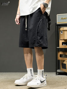 Mens Summer Casual Cotton Shorts Five-Quarter Length Patchwork Loose Fit Black Workwear Style mid Waist Straight Leg Pants