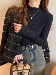 WANGGONGZHU | Princess Style Womens Lace Hook-Embroidered Half-High Collar Long Sleeve Base Shirt Fashionable Inner Wear For Autumn And Winter