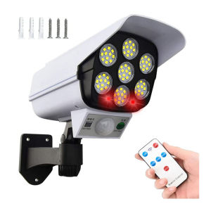 Outdoor Motion Sensor Solar Lights 77 LED FloodLight Waterproof Wireless Dummy Decoy Fake Security Camera for Porch Garden Patio