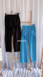 DNEMNLPH Cyan Blue Maude Self Tie String Croptop & Highwaist Pants Set - Pocket Ruched Summer Beach Outfit Vintage 2in1 Coordinates Terno Plain Basic Garter Stretch Cotton Linen Sleeveless