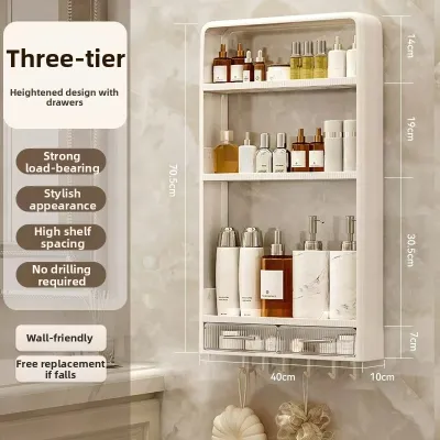 HUIJINGYUN | Bathroom Wall Mounted Shelf Toilet Cosmetic Storage Rack No Drilling Required Multi-Purpose Mobile Dustproof 3 Layers PP