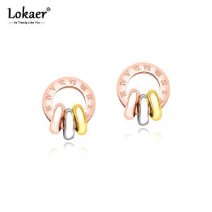 Lokaer Three-color Circle Roman Numerals Circle Earrings For Women Titanium Steel Rose Gold Color Female Stud Earrings E17091