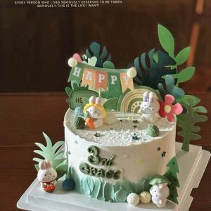 Green Rabbit Cake Decoration Dessert Table Paper Cup Baby One Year Old Turtle Back Bamboo Leaf Ins Plug Birthday Celebration