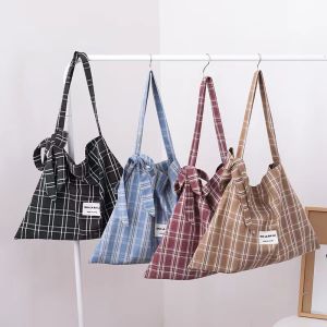 Simple Large Capacity Canvas Shoulder Bag Womens Plaid Korean Style College Class Bag Tote Bag Casual Handbag Shopping Bag