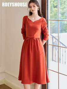 Váy Đầm Dáng Xòe Cổ Tim Tay Dài Thanh Lịch Nơ Eo