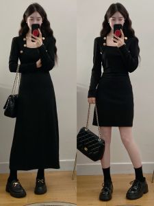 Hebe Style Slimming Square Neck Little Black Dress Women Autumn Winter plus Size Fashionable French Chic Long Sleeve Dress