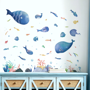 Decal Dán Tường Đàn Cá Dưới Đại Dương Xanh Có Keo Sẵn 200x160cm - Trang Trí Phòng Ngủ Đại Dương