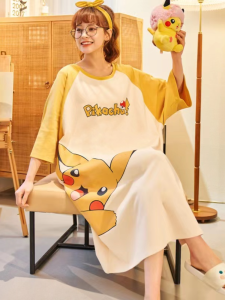 Summer Womens Nightdress Short Sleeve Pure Cotton Plus Size Thin Pajamas Female Summer Pregnant Women Loose Cute Loungewear Mid Length Long Length