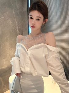 GUZILIAN | One-Shoulder Sequin Mesh Blouse with Detachable Sleeves