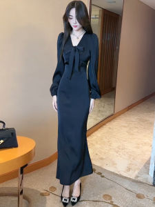 Elegant Black Long Sleeve Dress French Style Slim Fit Womens Fashion Spring 2025 New High Waist Fish Tail Skirt Gown