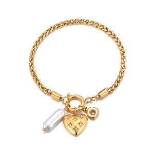 Lokaer 316L Stainless Steel Heart Key Charm Bracelet for Women Girl Golden Color Cuban Link Chain Bracelet Jewelry Gift B26007